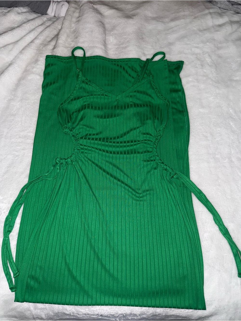 Green Ribbed Slip Dress with Side Drawstring - Picture 2 of 3